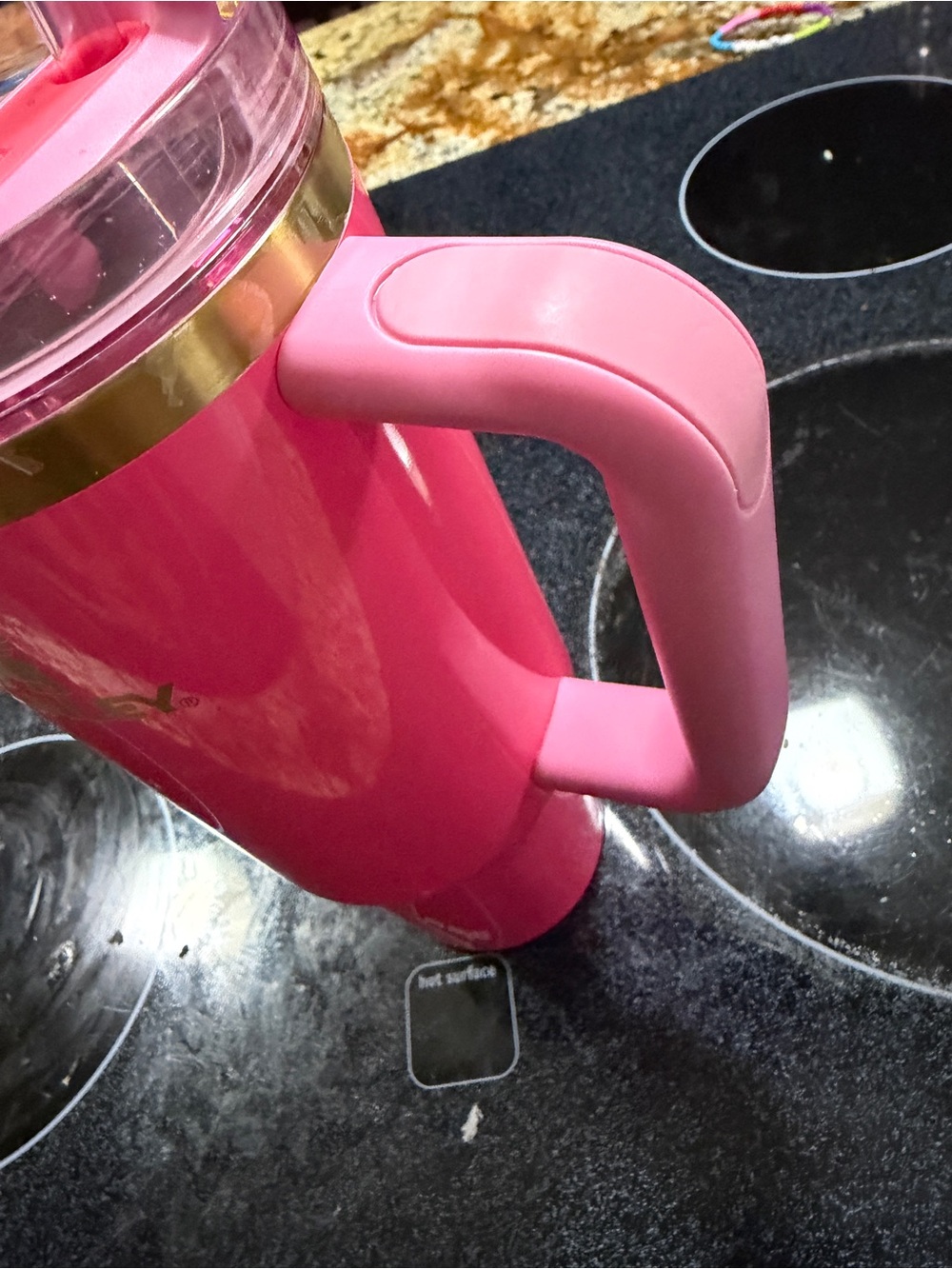 Stanley Pink Travel Mug with Handle and Gold Accent